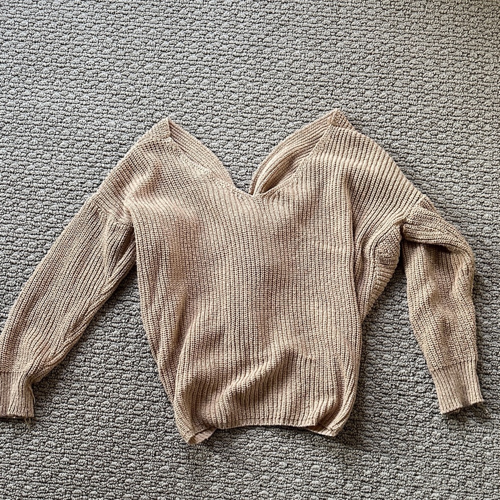 Women's Tan Sweater with knot back detail. Crop style